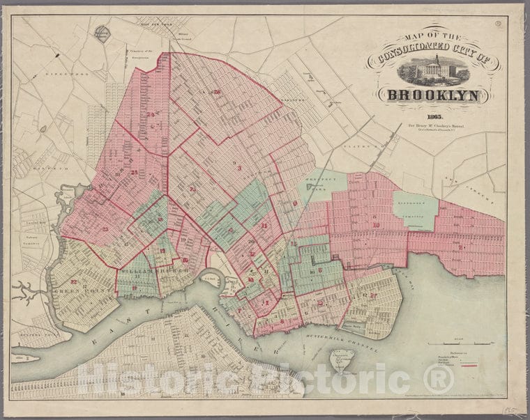 Historic Map - 1865 Map Of The Consolidated City Of Brooklyn For Henry Mc Closkey'S Manual. - Vintage Wall Art