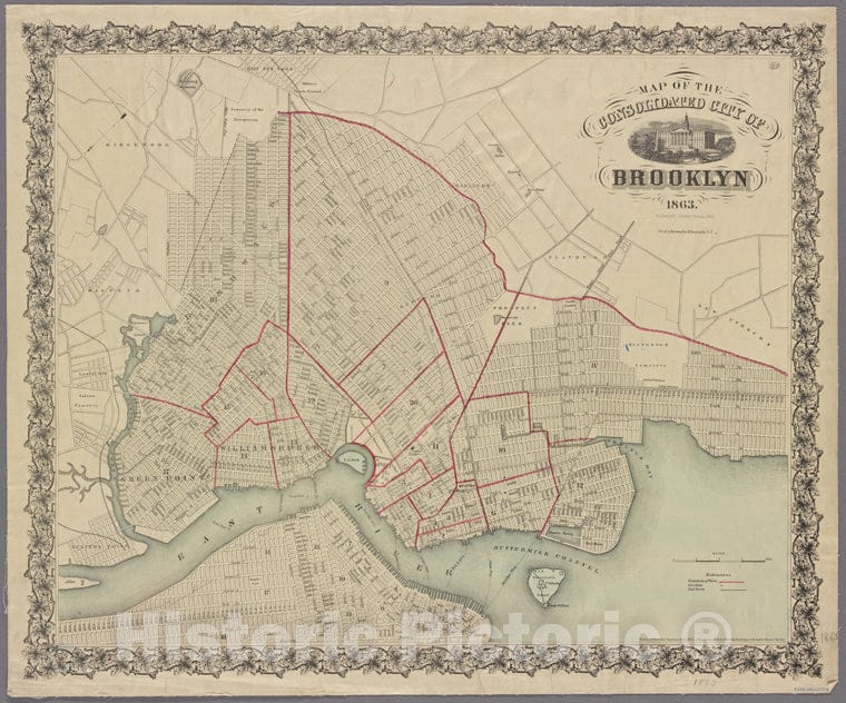 Historic Map - 1863 Map Of The Consolidated City Of Brooklyn For Henry Mccloskey'S Manual. - Vintage Wall Art