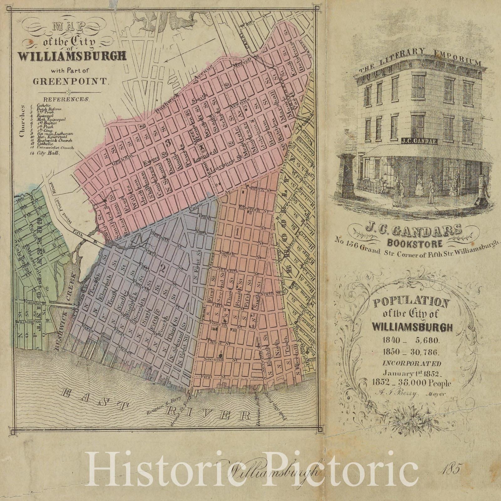 Historic 1852 Map - Map Of The City Of Williamsburg With Part Of Greenpoint. - Brooklyn (New York, N.Y.) Maps Of New York City And State - Brooklyn - Vintage Wall Art