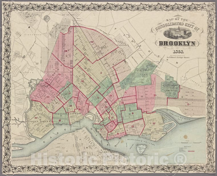 Historic Map - 1868 Brooklyn (New York, N.Y.), Map Of The Consolidated City Of Brooklyn, For William G. Bishop'S Manual. - Vintage Wall Art