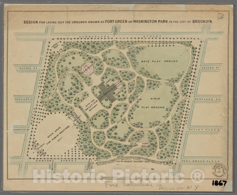Historic Map - 1867 Brooklyn (New York, N.Y.), Design For Laying Out The Grounds Known As Fort Green Or Washington Park, In The City Of Brooklyn. - Vintage Wall Art