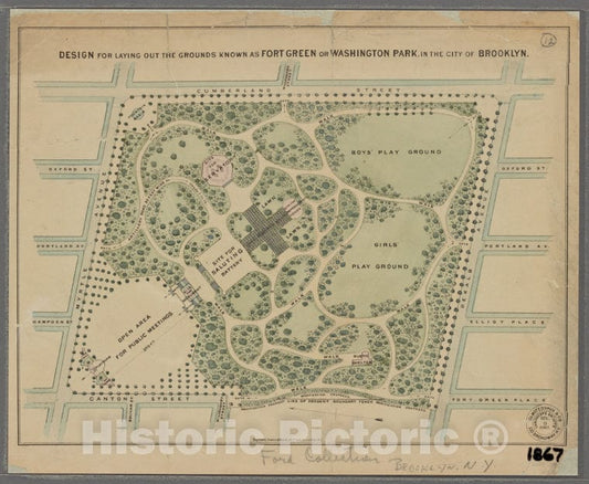 Historic Map - 1867 Brooklyn (New York, N.Y.), Design For Laying Out The Grounds Known As Fort Green Or Washington Park, In The City Of Brooklyn. - Vintage Wall Art