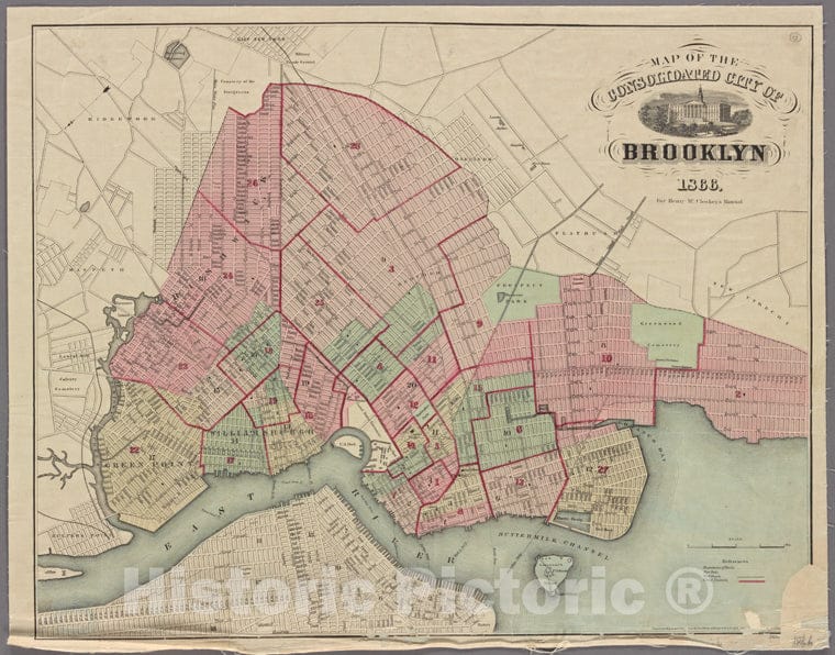 Historic Map - 1866 Map Of The Consolidated City Of Brooklyn For Henry Mccloskey'S Manual. - Vintage Wall Art