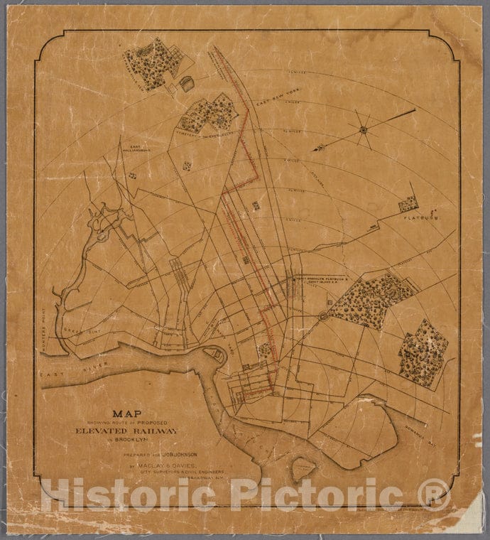 Historic Map - 1880 Brooklyn (New York, N.Y.), Map Showing Route Of Proposed Elevated Railway In Brooklyn Prepared For Job Johnson. - Vintage Wall Art