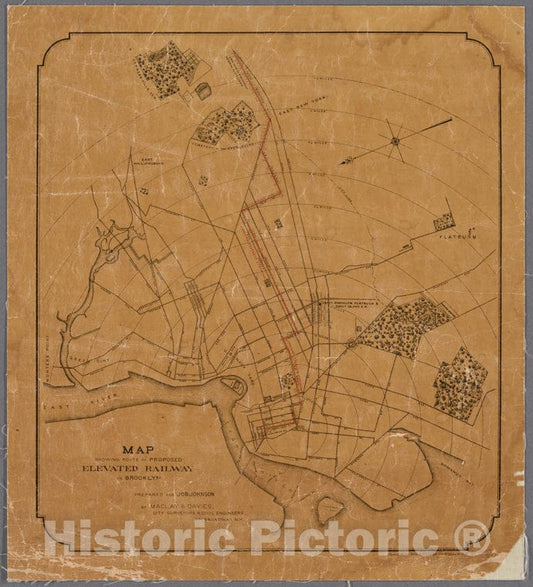 Historic Map - 1880 Brooklyn (New York, N.Y.), Map Showing Route Of Proposed Elevated Railway In Brooklyn Prepared For Job Johnson. - Vintage Wall Art