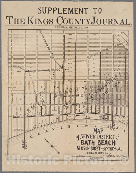 Historic 1889 Map - Map Of Sewer District Of Bath Beach And Bensonhurst-By-The-Sea. - Brooklyn (New York, N.Y.) Maps Of New York City And State - Brooklyn - Vintage Wall Art