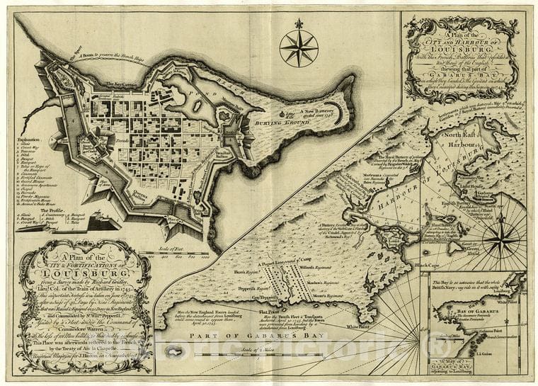 Historic 1750 Map - A Plan Of The City And Fortifications Of Louisburg ; A Plan Of The City And Harbour Of Louisburg. - Louisbourg (N.S.) - Nova Scotia - Vintage Wall Art