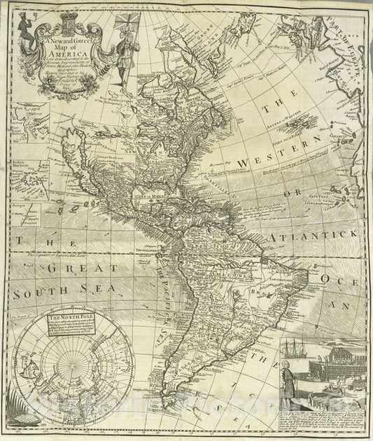 Historic Map - 1738 A New And Correct Map Of America : Laid Down According To The Accurate Improvements Of Senex, Moll, And Other Modern Geographers. - Vintage Wall Art