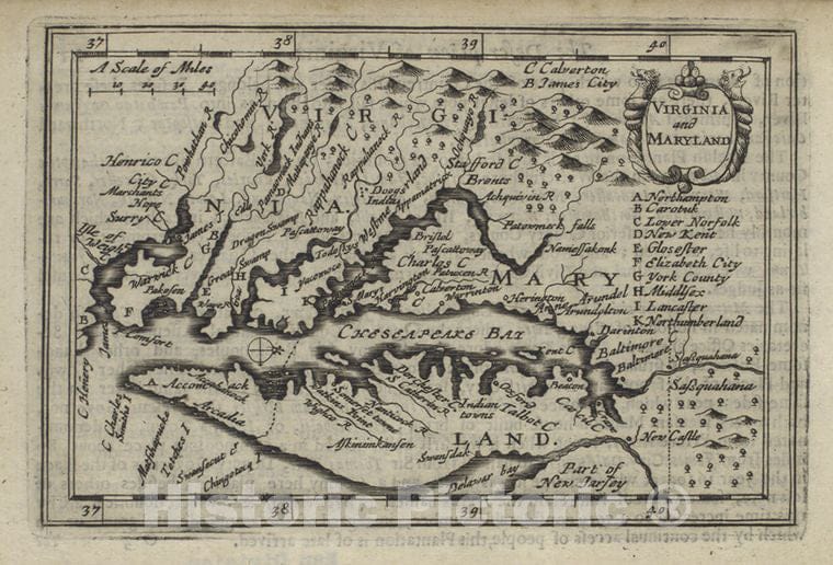 Historic 1676 Map - Virginia And Maryland. - Vintage Wall Art