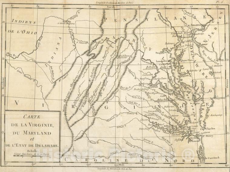 Historic 1781 Map - Carte De La Virginie, Du Maryland Et De L'Etat De Delaware. - Vintage Wall Art