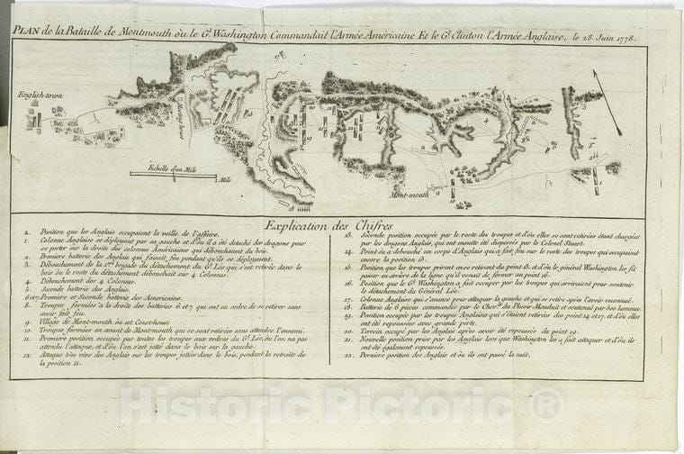 Historic Map - 1781 Plan De La Bataille De Montmouth Oa Le Gl. Washington, Commandait L'Armee Americaine Et Le Gl. Clinton L'Armee Anglaise, Le 28 Juin 1778. - Vintage Wall Art