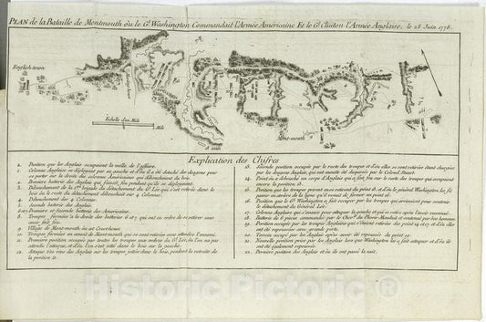 Historic Map - 1781 Plan De La Bataille De Montmouth Oa Le Gl. Washington, Commandait L'Armee Americaine Et Le Gl. Clinton L'Armee Anglaise, Le 28 Juin 1778. - Vintage Wall Art