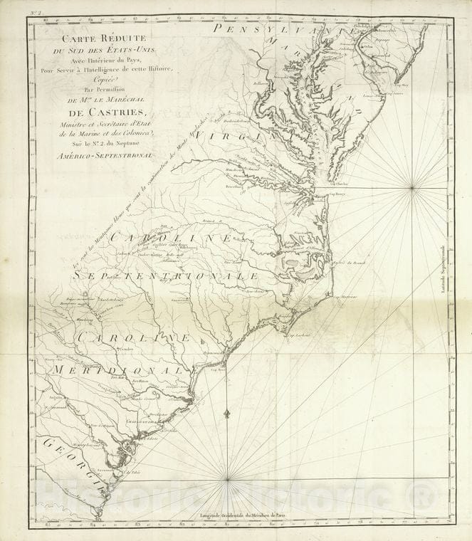 Historic 1787 Map - Carte Reduite Du Sud Des Etats-Unis Avec L'Interieur Du Pays, Po - Vintage Wall Art