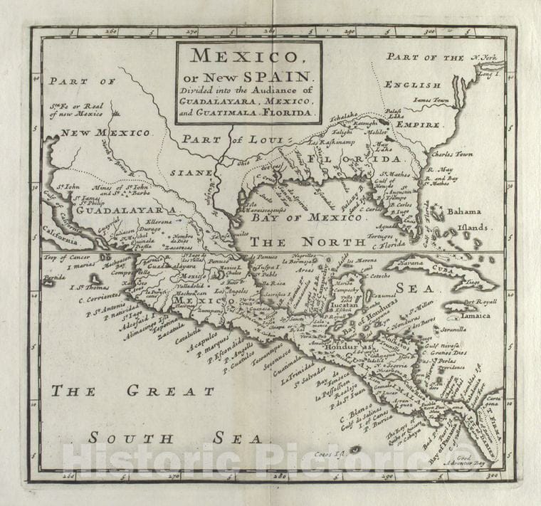 Historic 1713 Map - Mexico, Or, New Spain : Divided Into The Audiance Of Guadalayara - Vintage Wall Art