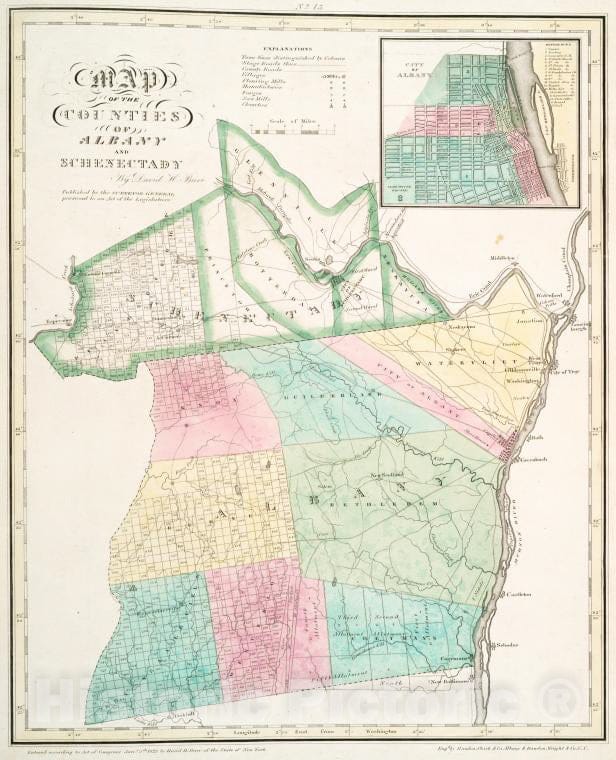 Historic 1829 Map - Map Of The Counties Of Albany And Schenectady - Vintage Wall Art