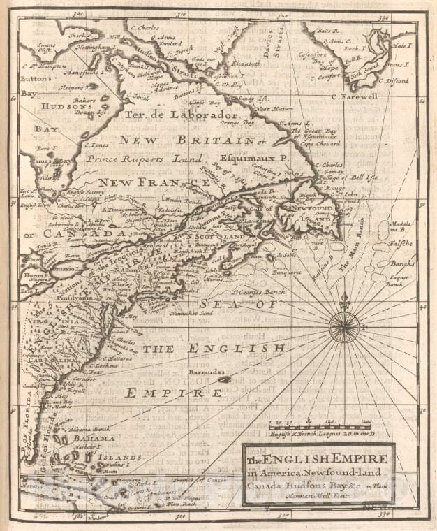 Historic 1701 Map - The English Empire In America, Newfound-Land, Canada, Hudsons Bay - Vintage Wall Art, V2