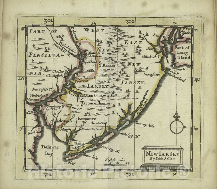 Historic 1703 Map - New Iarsey- New Jersey - New Jersey - Maps - Early Works To 1800 - Vintage Wall Art