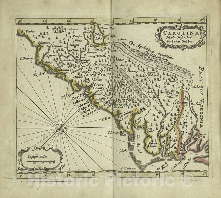 Historic 1703 Map - Carolina Newly Discribed - Vintage Wall Art