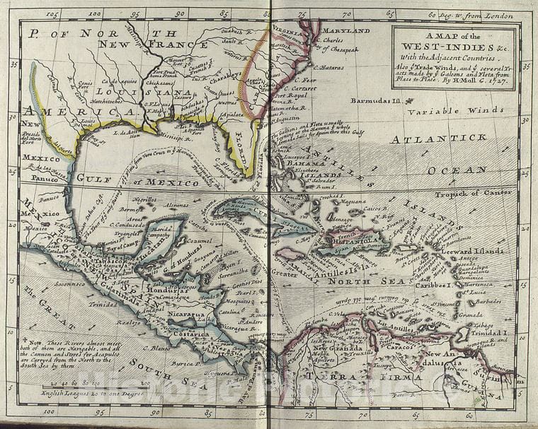 Historic 1727 Map - A Map Of The West-Indies &C. With The Adjacent Countries : Also - Vintage Wall Art