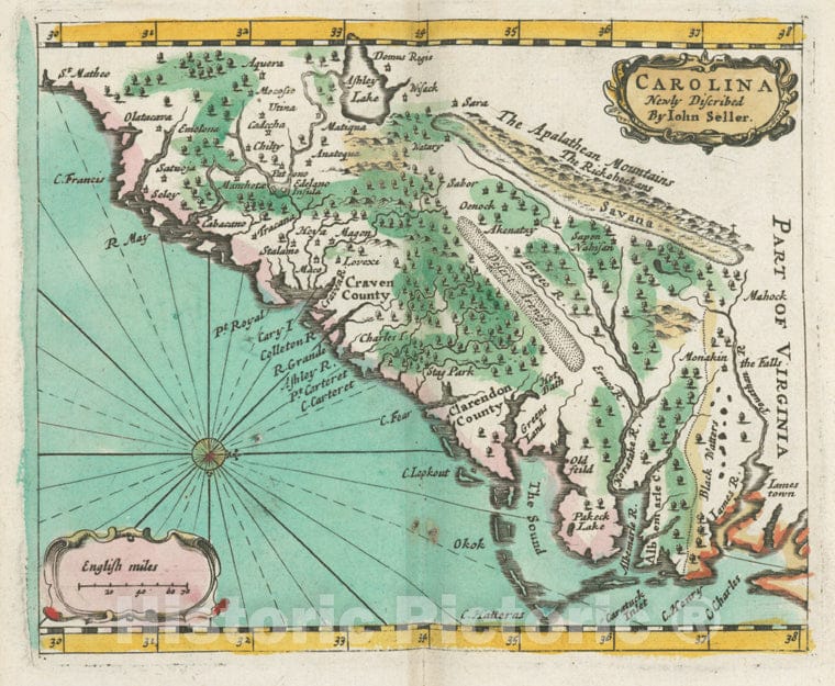 Historic 1682 Map - Carolina Newly Discribed - Vintage Wall Art