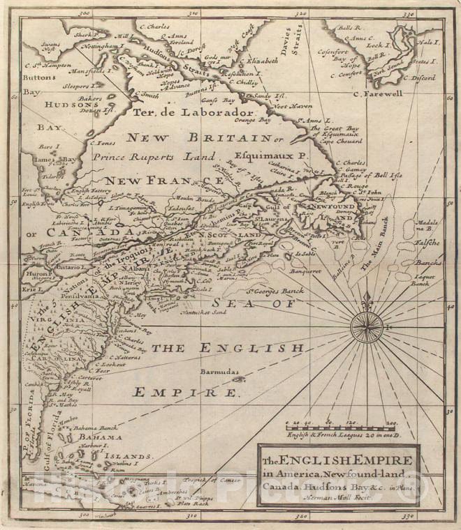 Historic 1713 Map - The English Empire In America, Newfound-Land, Canada, Hudsons Ba - Vintage Wall Art