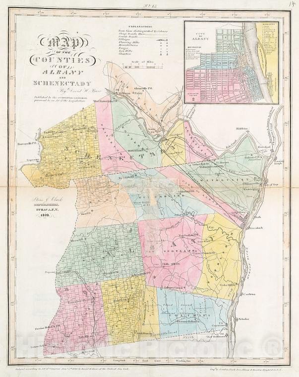 Historic 1829 Map - Map Of The Counties Of Albany And Schenectady - Vintage Wall Art, V2