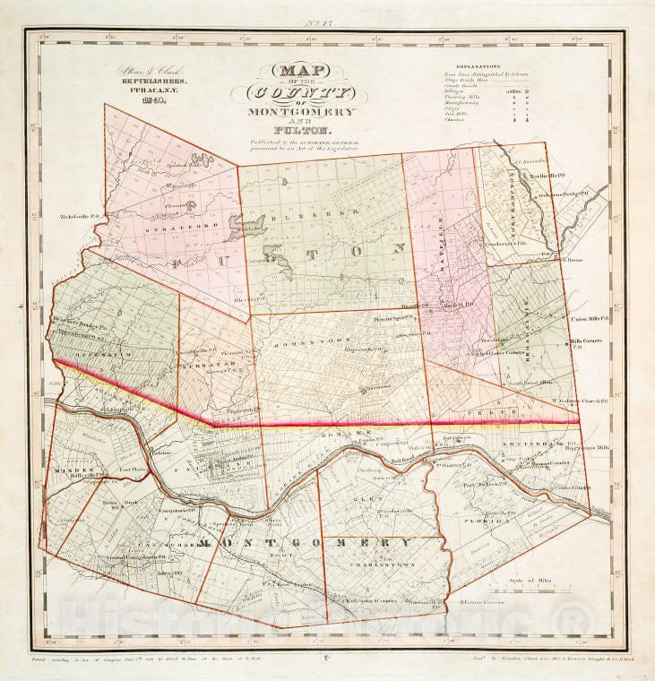 Historic 1841 Map - Map Of The County Of Montgomery And Fulton - Vintage Wall Art