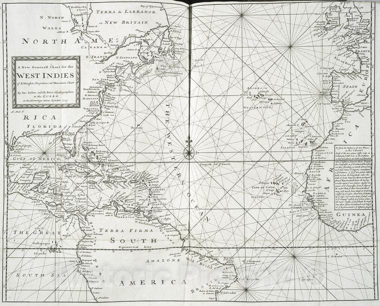 Historic 1705 Map - A New Generall Chart For The West Indies Of E. Wright'S Projecti - Vintage Wall Art