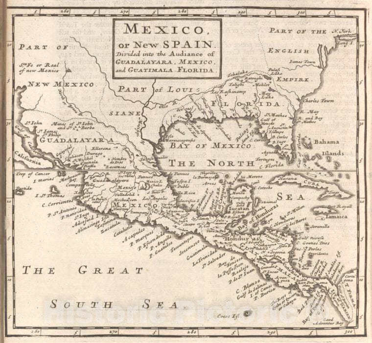 Historic 1701 Map - Mexico, Or, New Spain : Divided Into The Audiance Of Guadalayara - Vintage Wall Art, V2