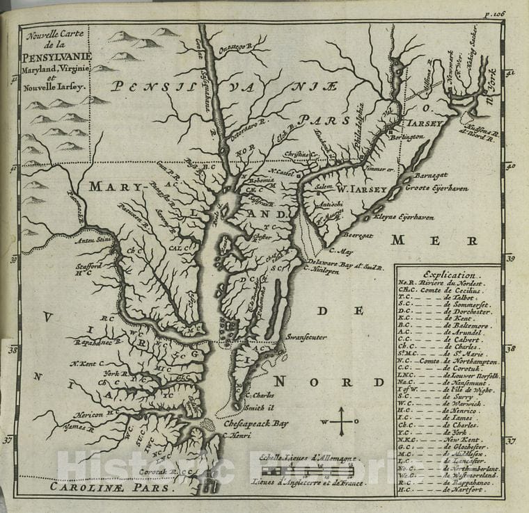 Historic 1688 Map - Nouvelle Carte De La Pensylvanie, Maryland, Virginie, Et Nouvell - Vintage Wall Art