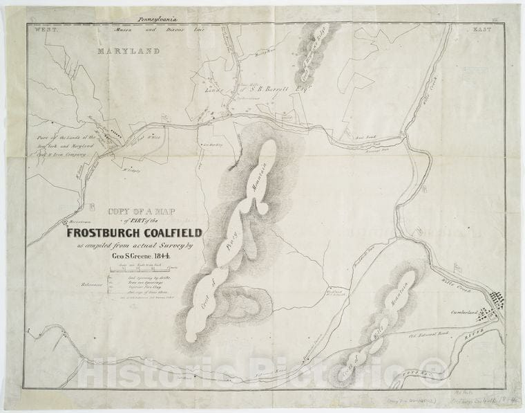 Historic 1844 Map - Copy Of A Map Of Part Of The Frostburgh Coalfield : As Compiled - Vintage Wall Art