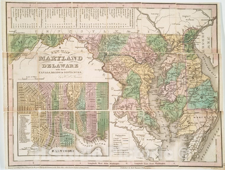Historic 1833 Map - A New Map Of Maryland And Delaware : With Their Canals, Roads & - Vintage Wall Art