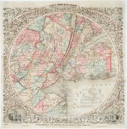 Historic Map - 1849 New York (N.Y.), Map Of The Country Thirty Three Miles Around The City Of New York - Vintage Wall Art