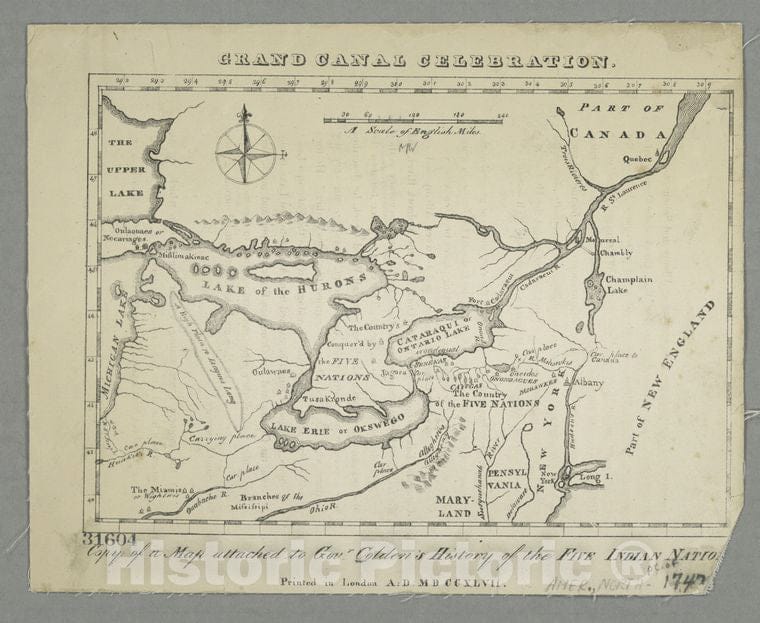 Historic 1825 Map - Copy Of A Map Attached To Govr. Colden'S History Of The Five Ind - Vintage Wall Art