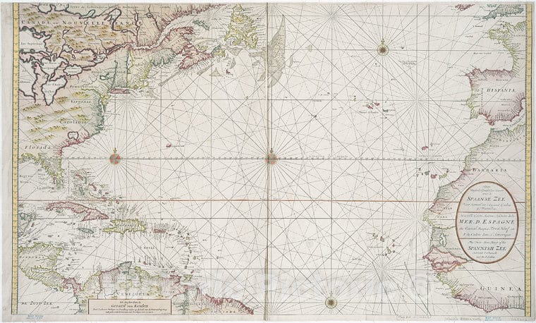 Historic 1720 Map - Nieuwe Wassende Graade Zee Kaart Over De Spaanse Zee Vant Kanaal - Vintage Wall Art