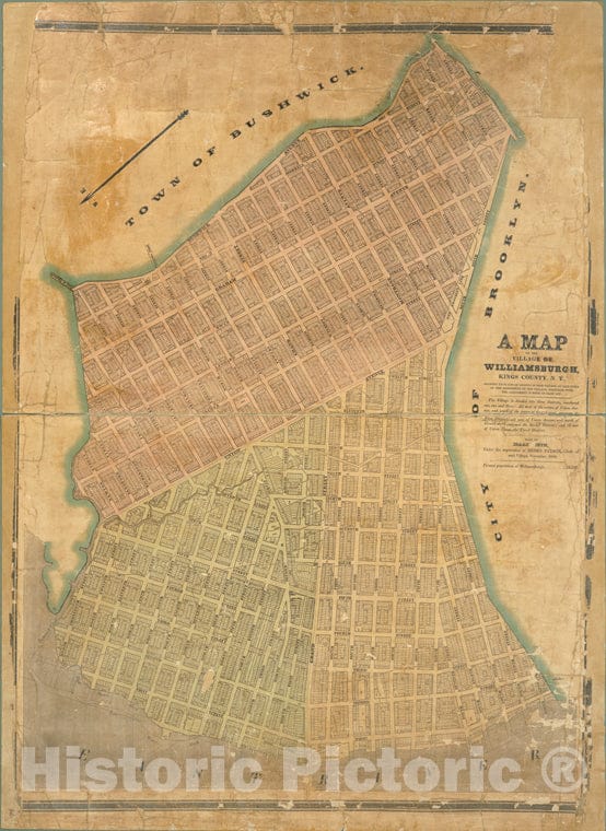 Historic 1845 Map - A Map Of The Village Of Williamsburgh, Kings County, N.Y. : Show - Vintage Wall Art