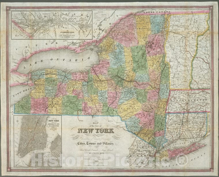 Historic 1848 Map - Map Of The State Of New York : Showing The Boundaries Of Countie - Vintage Wall Art