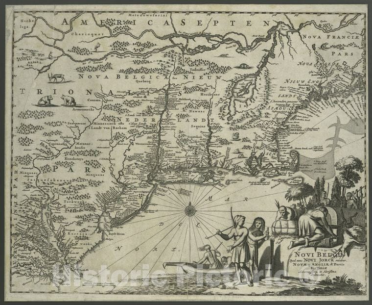 Historic 1673 Map - Novi Belgii, Quod Nunc Novi Jorck Vocatur, Novae Q[Ue] Angliae & - Vintage Wall Art