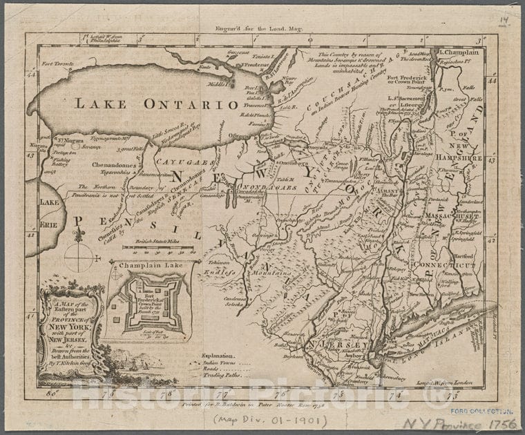 Historic 1756 Map - A Map Of The Eastern Part Of The Province Of New York With Part - Vintage Wall Art
