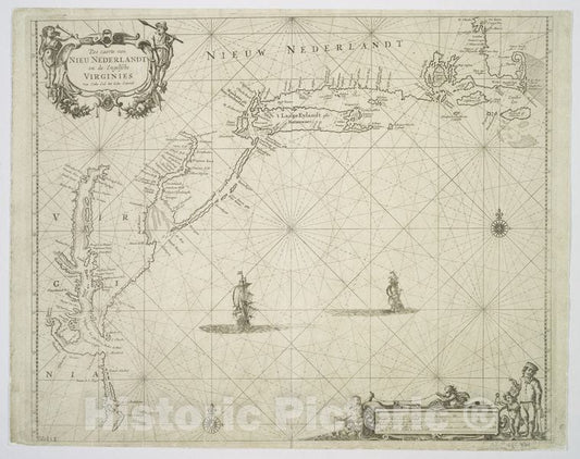 Historic Map - 1676 New England, Pas Caerte Van Nieu Nederlandt En De Engelsche Virginies : Van Cabo Cod Tot Cabo Canrick - Vintage Wall Art