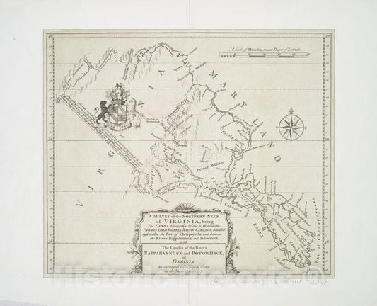 Historic 1747 Map - A Survey Of The Northern Neck Of Virginia : Being The Lands Belo - Vintage Wall Art