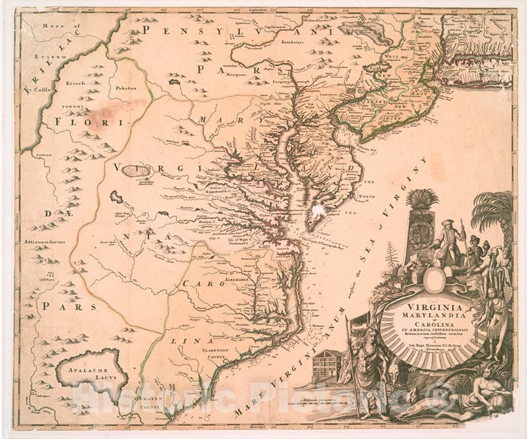 Historic Map - C1701 Virginia, Marylandia Et Carolina In America Septentrionali Brittannorum Industria Excultae - Vintage Wall Art