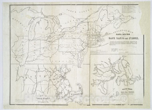 Historic 1851 Map - Skeleton Map Of Rail-Roads Between Cape Canso And St. Louis - Northeastern States - United Statesmaps Of North America. - Vintage Wall Art