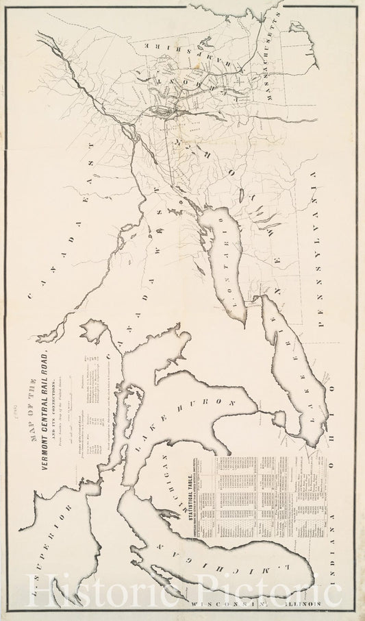 Historic Map - 1844 Map Of The Vermont Central Rail Road And Its Connections From Smith'S Map Of The United States. - Vintage Wall Art
