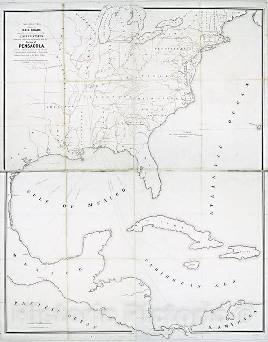 Historic 1849 Map - Skeleton Map Showing The Rail Roads Completed And In Progress In - United Statesmaps Of North America. - Vintage Wall Art