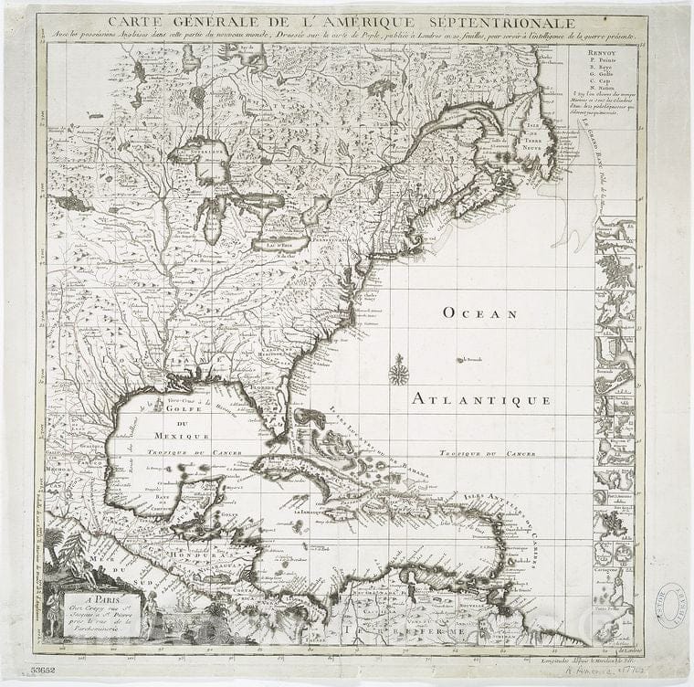 Historic 1763 Map - Carte Generale De L'Amerique Septentrionale : Avec Les Possessio - Vintage Wall Art