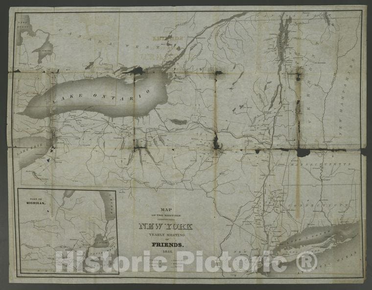 Historic 1844 Map - Map Of The Meetings Constituting New York Yearly Meeting Of Frie - Vintage Wall Art
