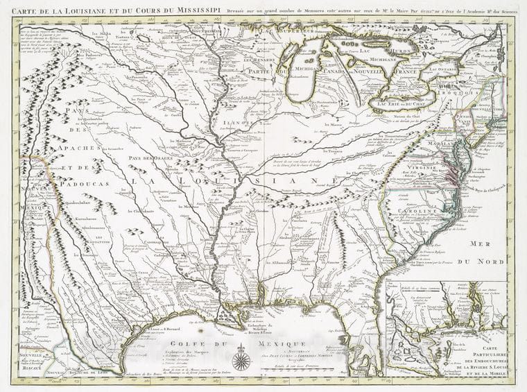 Historic 1730 Map - Carte De La Louisiane Et Du Cours Du Mississipi Dressee Sur Un G - Vintage Wall Art, V2
