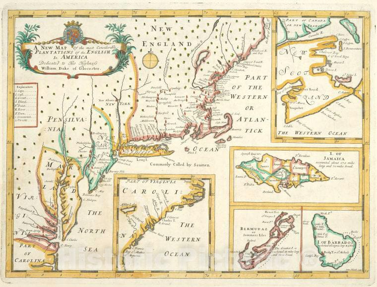 Historic 1700 Map - A New Map Of The Most Considerable Plantations Of The English In - Vintage Wall Art, V2