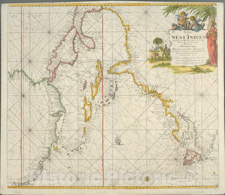 Historic 1680-1696? Map - Pas Kaart Van West Indien : Behelsende Soo Deszelffs Vasie Kuste - Vintage Wall Art